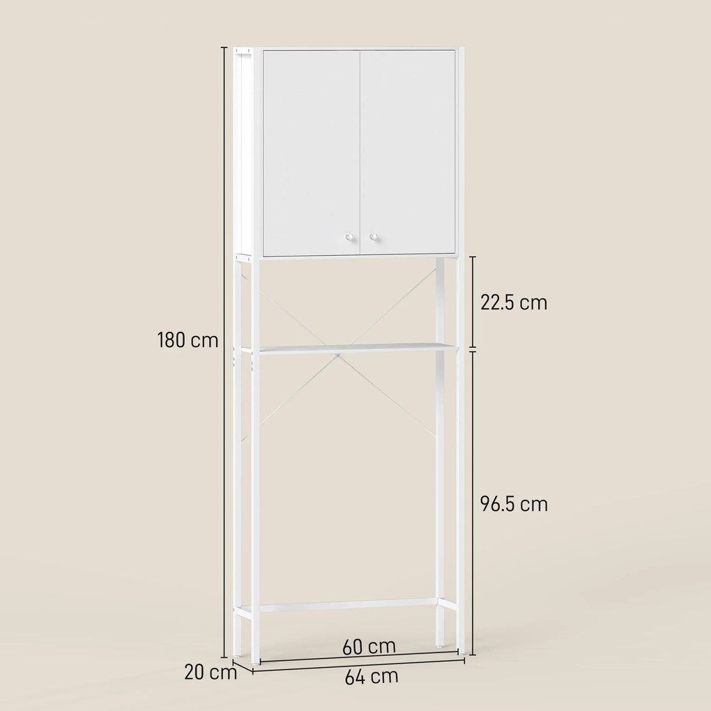 Mobilier HOMCOM pentru Baie Deasupra WC-ului cu Dulap și Raft Deschis, Mobilier Salvaspazio cu Picioare din Metal pentru Baie și Spălătorie, 64x20x180 cm, Alb | Aosom Romania