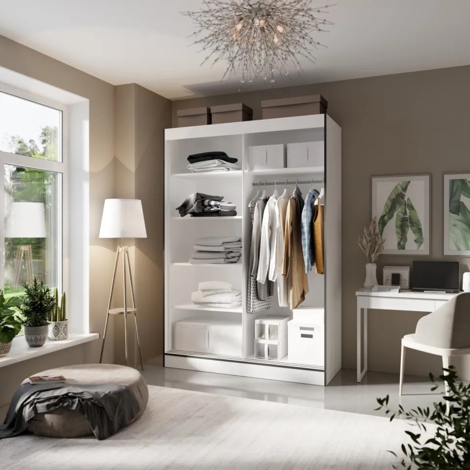 Dulap cu usi glisante si oglinda Osgar, ADRK Furniture (Culoare: Alb, Dimensiuni: 120x216 cm)