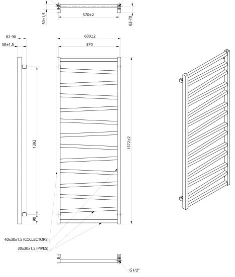 Sapho - Radiator de baie ZIG, 709 W, 60 x 157 cm, negru