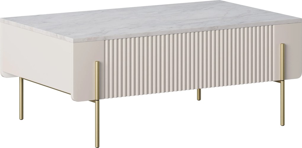 Măsuță de cafea Malmi 100 cm cu sertare - kaszmir / crema bianca / picioare aurii