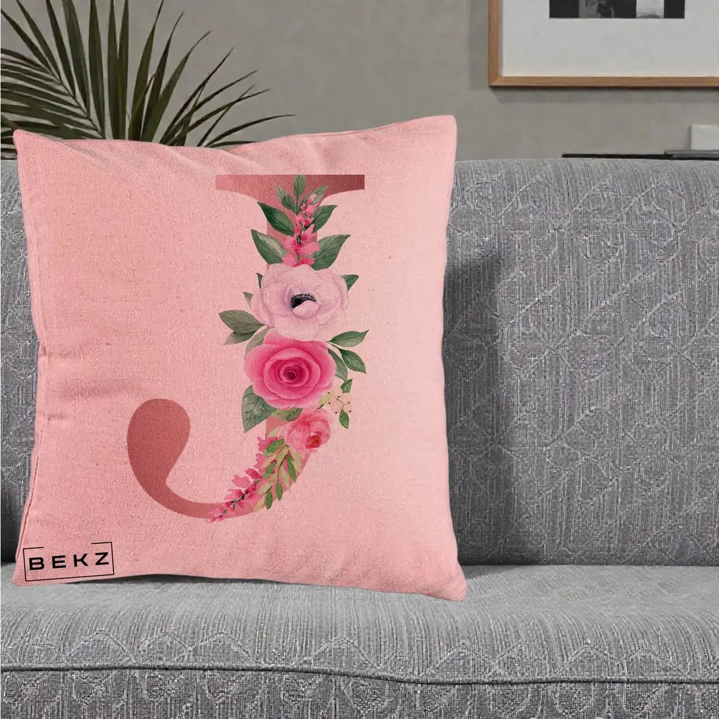 Cadou Personalizat - Perna Personalizata Monograma Rose Gold Litera J, 40x40 cm, Roz, Husa Detasabila, Perna Inclusa, BEKZ®