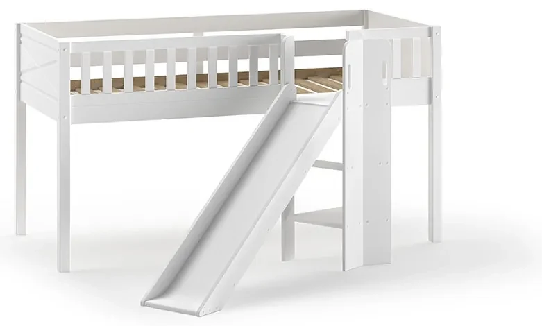 Pat ridicat pentru copii SCOTT, alb, 90 x 200 cm, din pin scandinav și MDF, cu scară frontală, tobogan, perdea de joacă și tunel ASTRO – Vipack