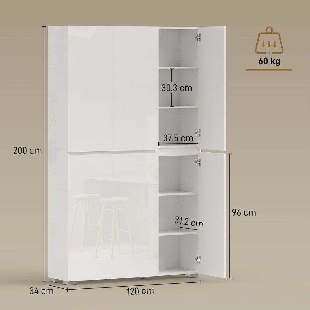 HOMCOM Bufet înalt pentru bucătărie dulap de bucătărie cu finisaj lucios 6 uși cu închidere silențioasă rafturi reglabile alb | Aosom Romania