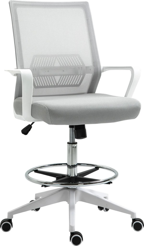 Vinsetto Scaun birou cu șezut înalt reglabil, pivotant 360°, plasă respirabilă, gri/alb, 64x59x104-124 cm | Aosom Romania