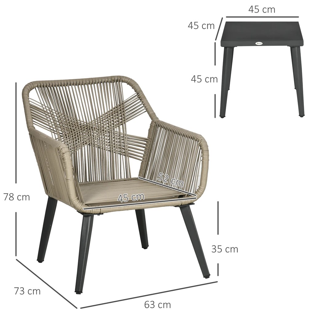 Outsunny Set Mobilier Terasă Modern 3 Piese din Ratan PE, Set Cafea cu Blat Metalic, Ideal pentru Curte și Exterior, Gri | Aosom Romania