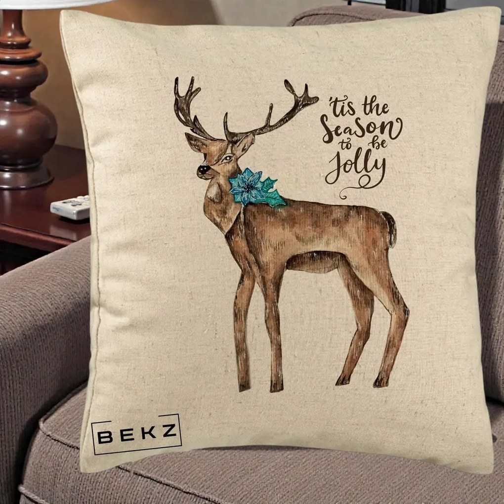 Perna Decorativa Ren Tis the Season to be Jolly, 40x40 cm, Bej, Husa Detasabila, Perna Inclusa, BEKZ®