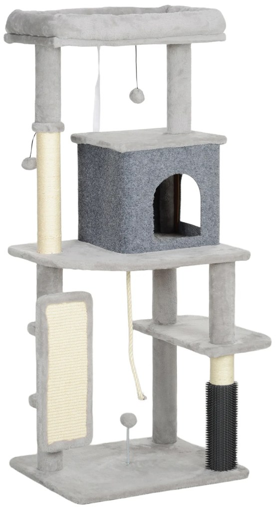 PawHut Ansamblu de Joacă pentru Pisici Multinivel Înalt 132 cm cu Căsuță, Culcuș, Stâlpi de Zgâriat, Perie și Minge, Gri | Aosom Romania