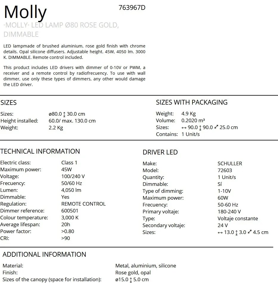 Lustra LED design ultra-modern, dimabila cu telecomanda, Molly auriu roze 80cm