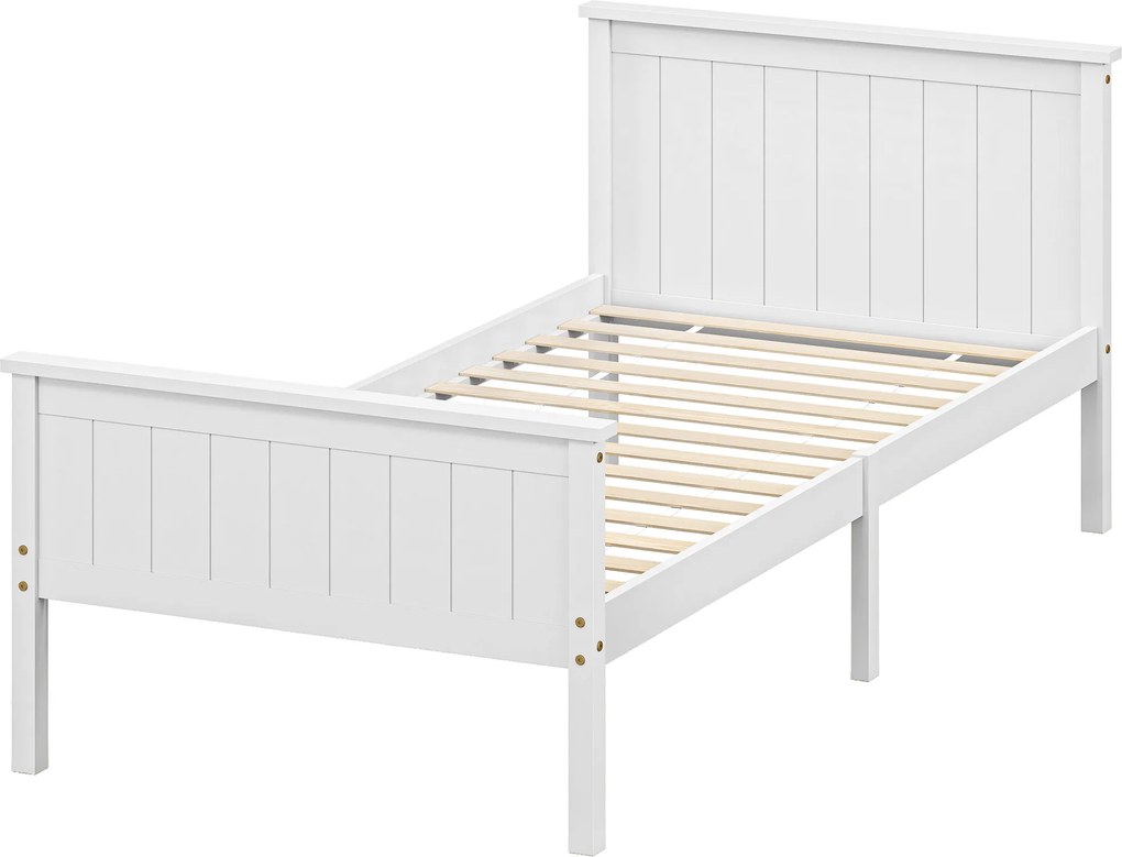 HOMCOM Cadru de pat 90 x 200 cm, pat simplu din lemn masiv cu somieră cu lamele, tăblie și tablie la picioare incluse, asamblare ușoară, alb | Aosom Romania