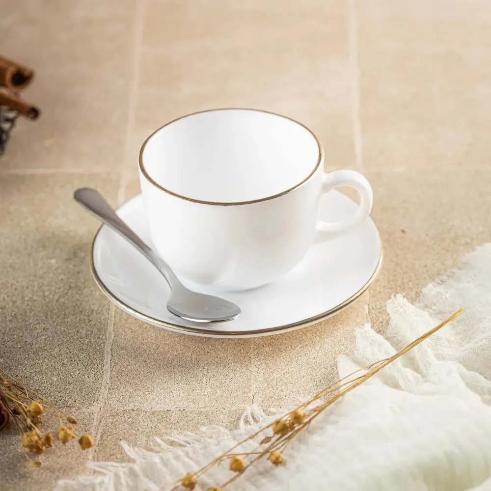 Set cesti cafea 12 piese, opal, alb cu auriu, 210 ml Kinghoff KH-1929