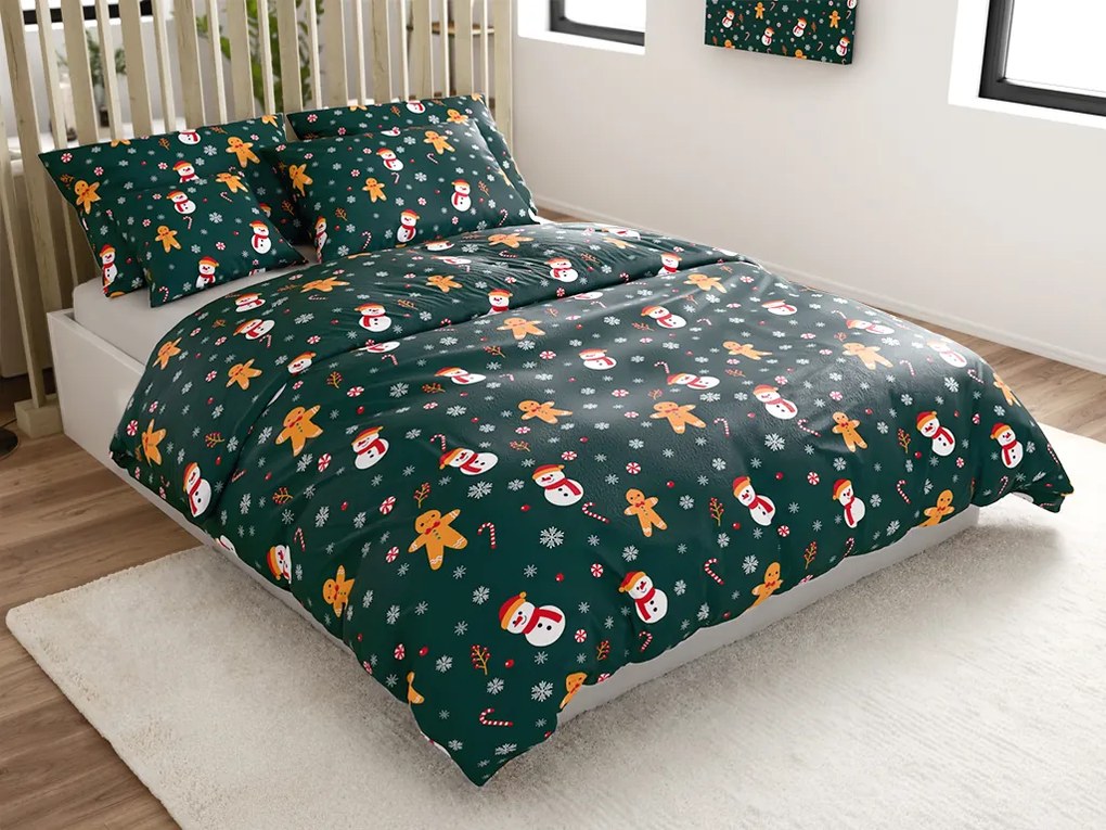 Set 2 buc lenjerie cocolino SNOWMAN AND GINGERBREAD verde + cearsaf Cocolino microplus cu elastic SOFT 180x200 cm alb, pat dublu