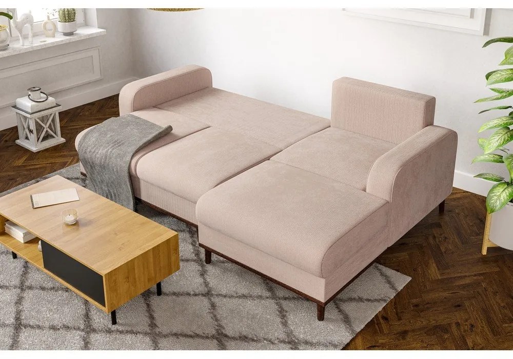 Colțar bej cu tapițerie din catifea reiată (cu colț pe partea dreaptă) Beata – Ropez