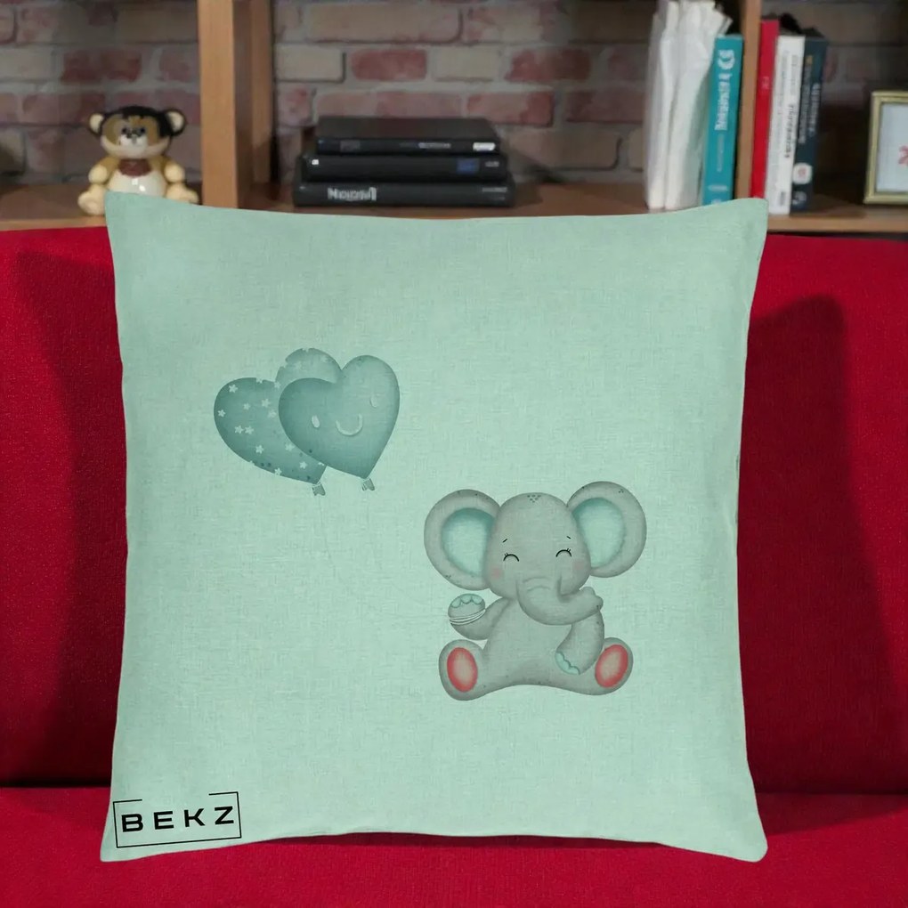 Perna Decorativa, Model Elefant si baloane in forma de inimioare, 40x40 cm, Verde Menta, Husa Detasabila, Perna Inclusa, BEKZ®