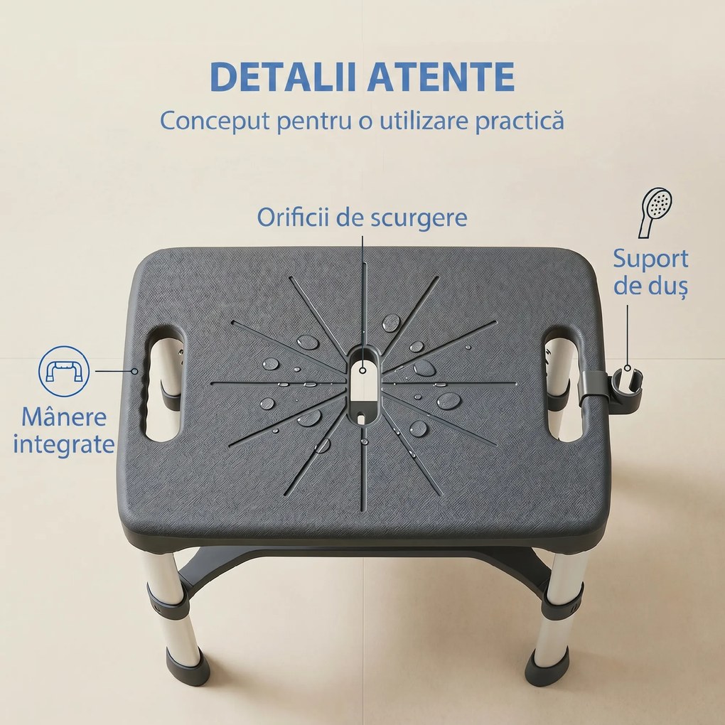 HOMCOM Scaun de Duș din Aluminiu cu Raft Integrat, Înălțime Reglabilă pe 5 Niveluri, Suport 150kg, Gri | Aosom Romania