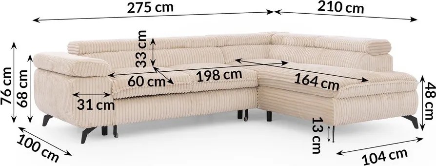 Colțar bej cu tapițerie din catifea reiată (cu colț pe partea dreaptă/în formă de ”L”) Marbeya – Ropez