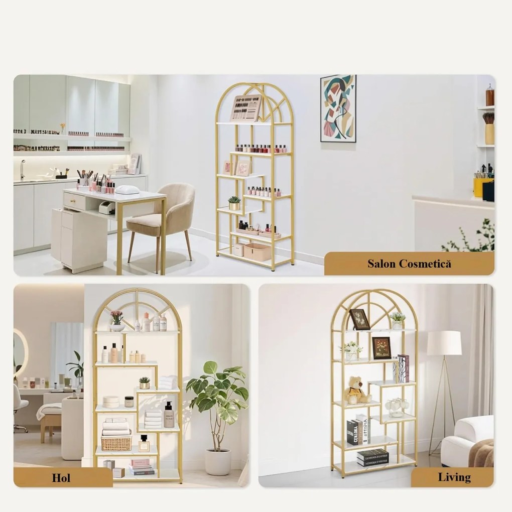 RAAU210 - Raft, 80 cm pentru salon cosmetica, birou, hol, living, baie - Alb imitatie de marmura - Auriu