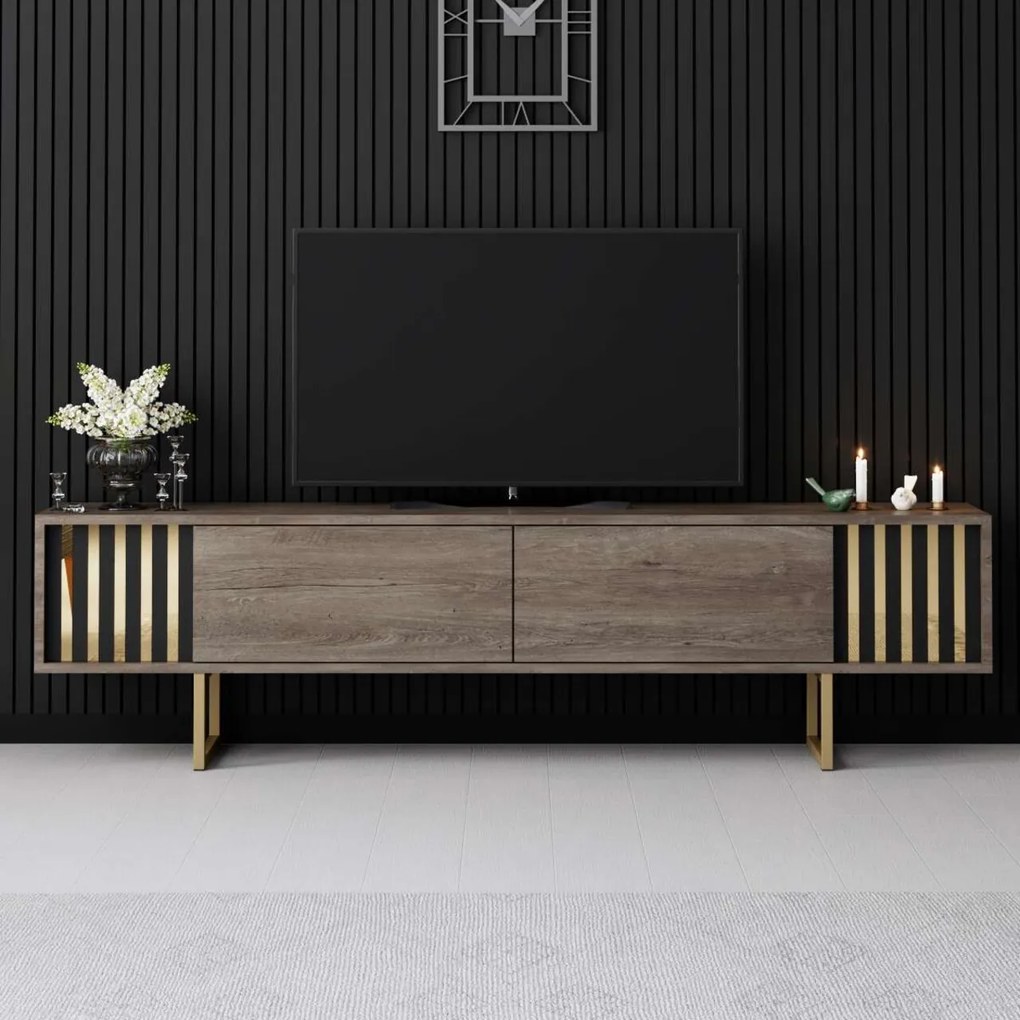 Comoda TV, Hanah Home, Gold Line, 180x30x48 cm, Nuc / Aur