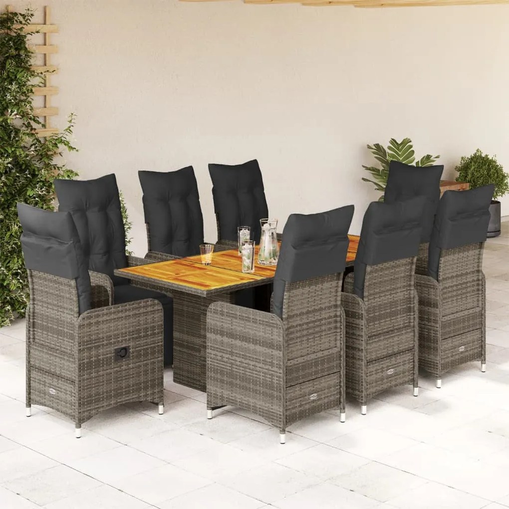 3277164 vidaXL Set bistro de grădină cu perne, 9 piese, gri, poliratan