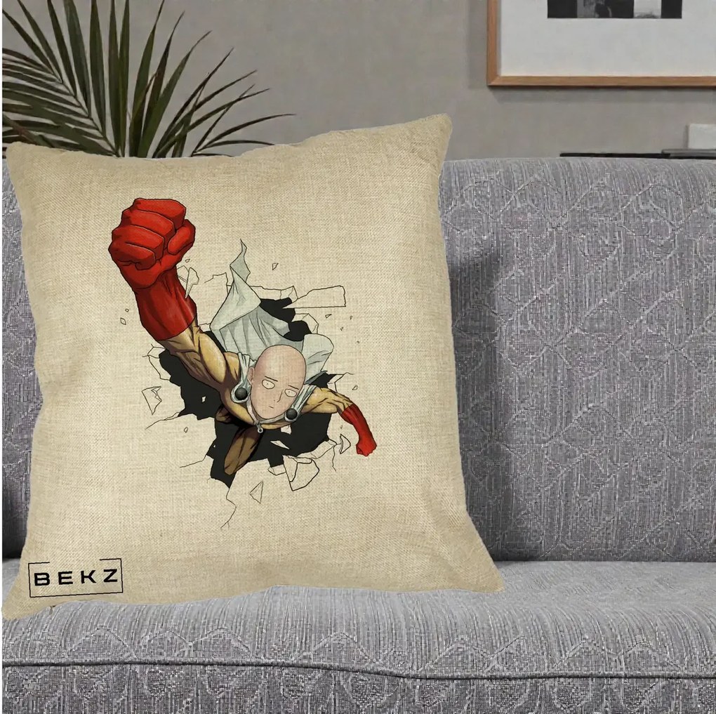 Perna Personalizata One Punch Man Saitama Pumn, 40x40 cm, Crem, Husa Detasabila, Perna Inclusa, BEKZ®
