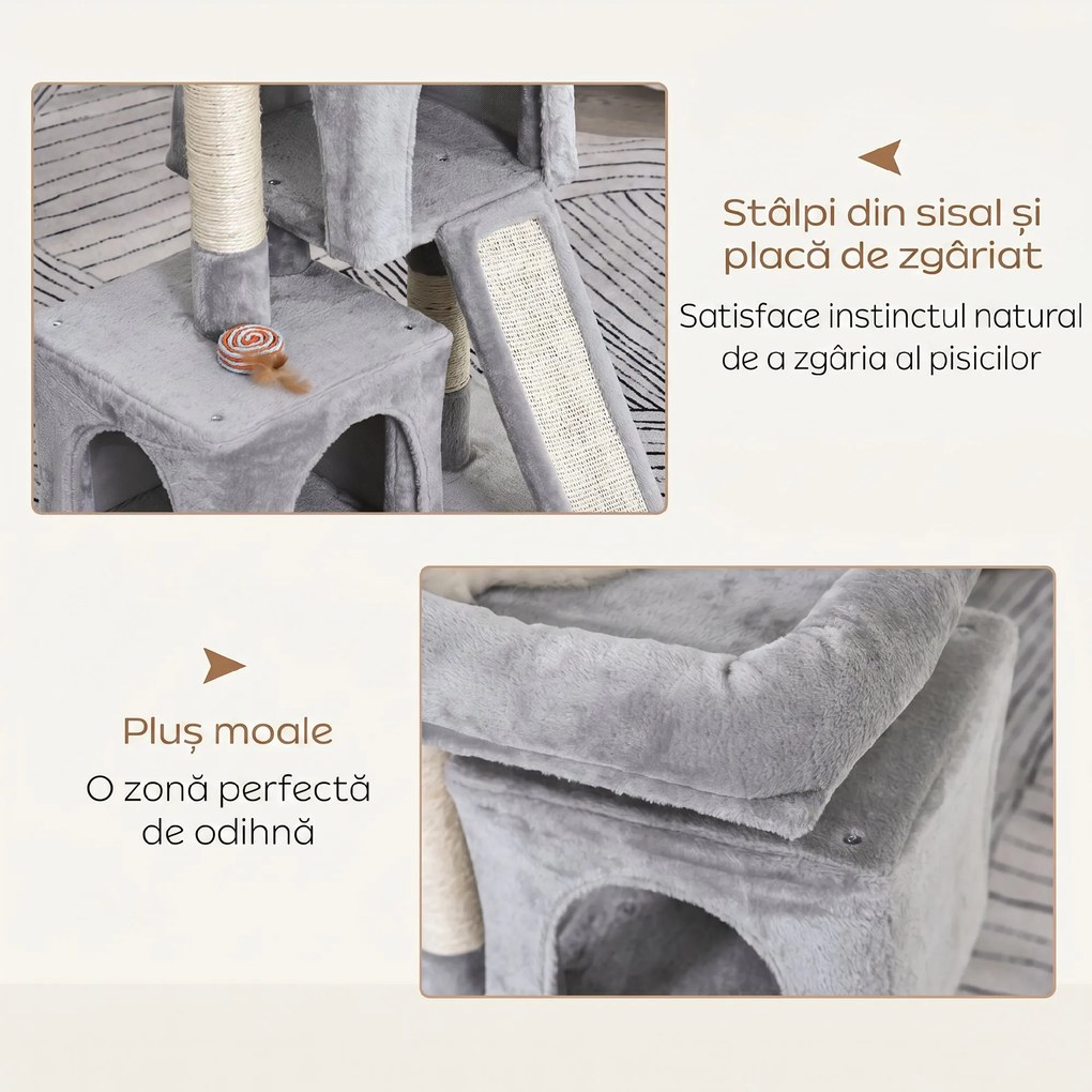 PawHut Ansamblu pentru pisici cu stalpi din sisal, pat si 2 case cu tapiterie de plus, 59x39x83cm, gri | Aosom Romania