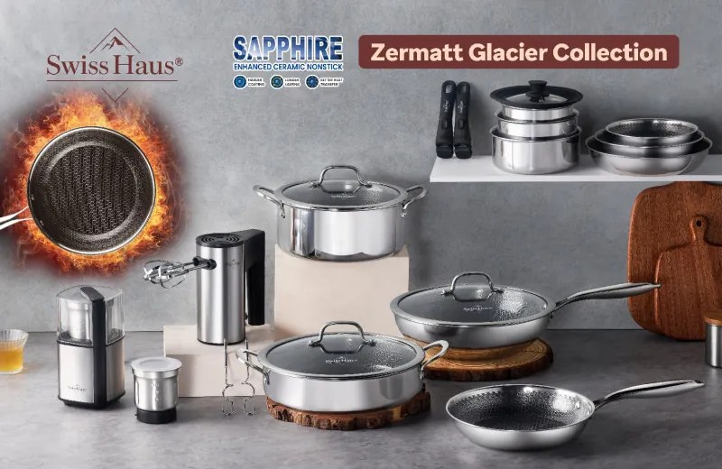 Set de oale Swiss Haus SH-ZG1012, 12 piese, Acoperire ceramica Sapphire, Cuptor pana la 260°C, Inductie, Argintiu