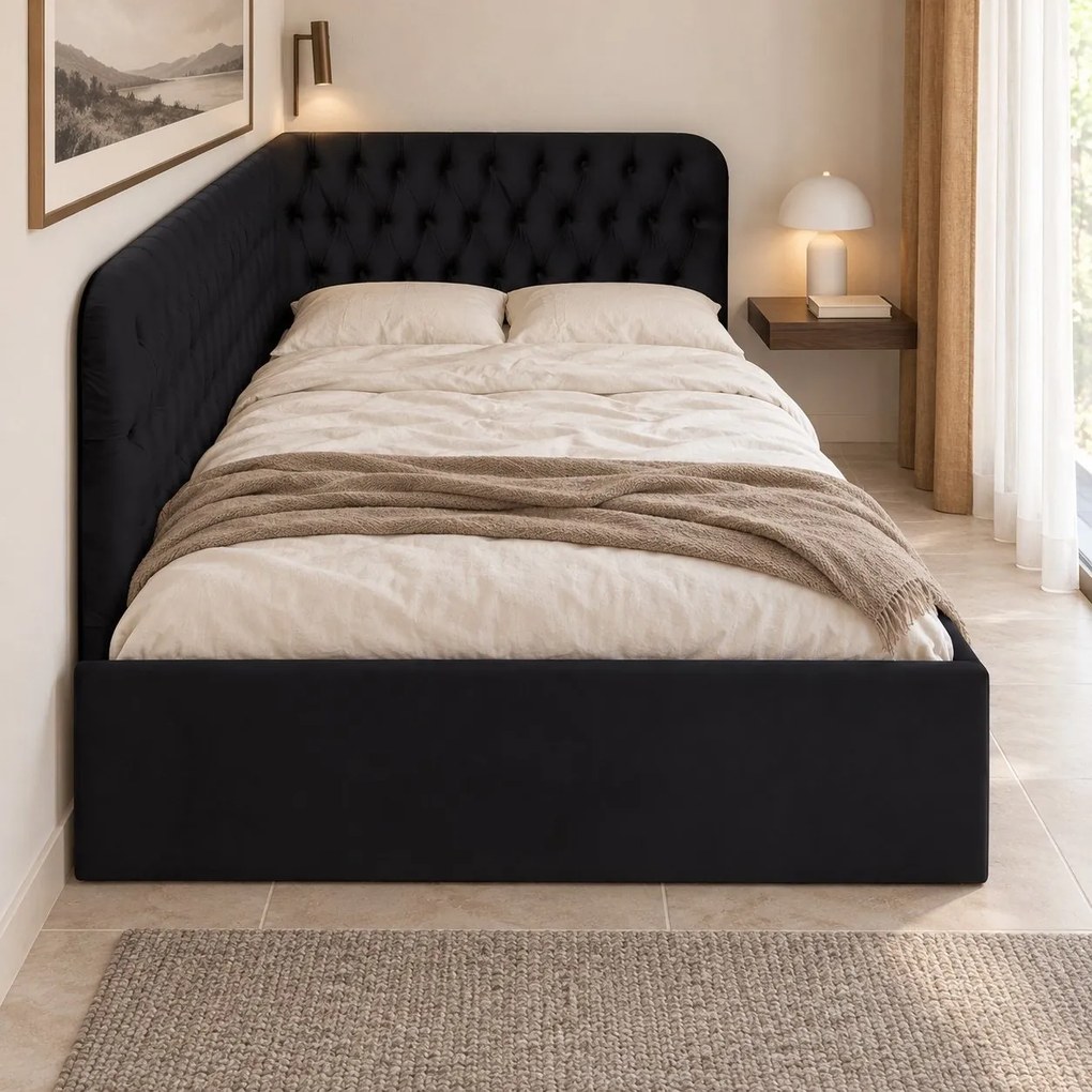 Pat tapițat pentru copii din catifea Elyra 140×200 cm, negru, colț stânga, cu ladă de depozitare