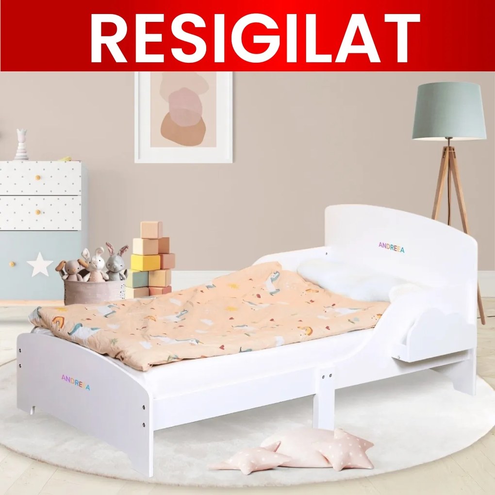 Pat Copii Suporto cu Protectie Laterala si Raft Depozitare Carti si Jucarii, Model Norisor, Patut pentru Baieti si Fetite Varsta de 3 - 8 Ani,