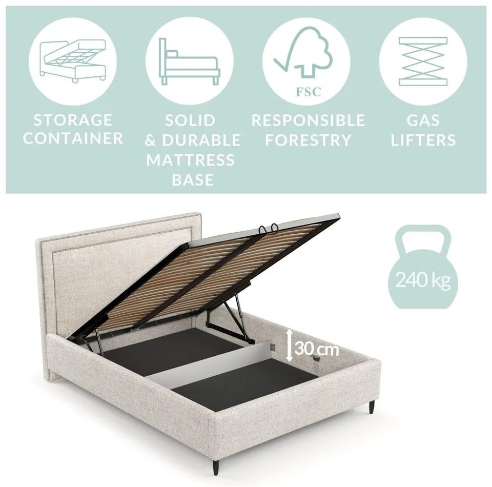 Pat matrimonial gri deschis tapițat cu spațiu de depozitare cu somieră 140x200 cm Baleine – Maison de Rêve