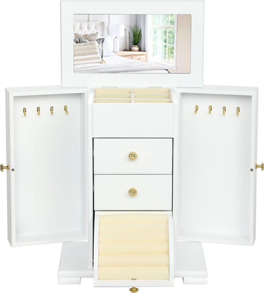 HOMCOM Cutie de bijuterii pentru femei cu 4 nivele, cutie din lemn cu aripi, oglindă și 2 sertare, 26,5x16 x33,5 cm, Alb | Aosom Romania