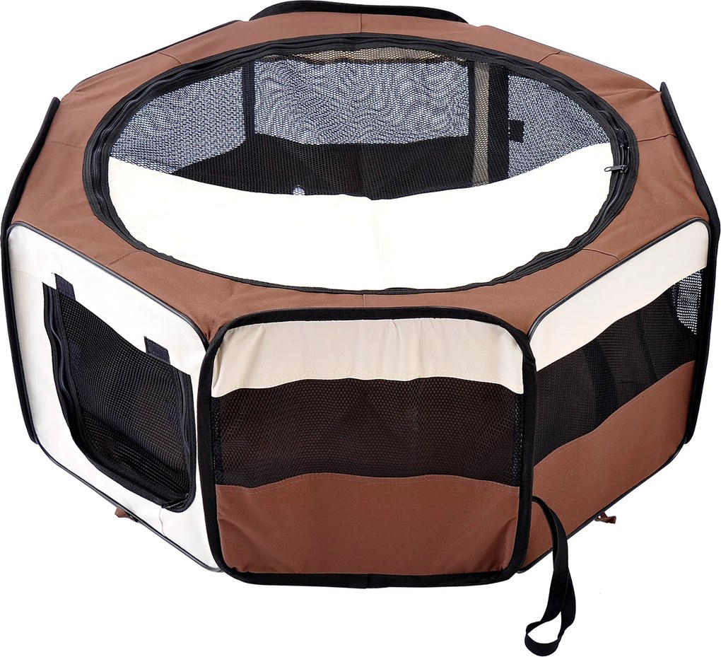 PawHut Parc pliabil pentru câine pisică animale mici octogonal din țesătură Oxford și oțel Ø 90 x 41H cm maro bej | Aosom Romania