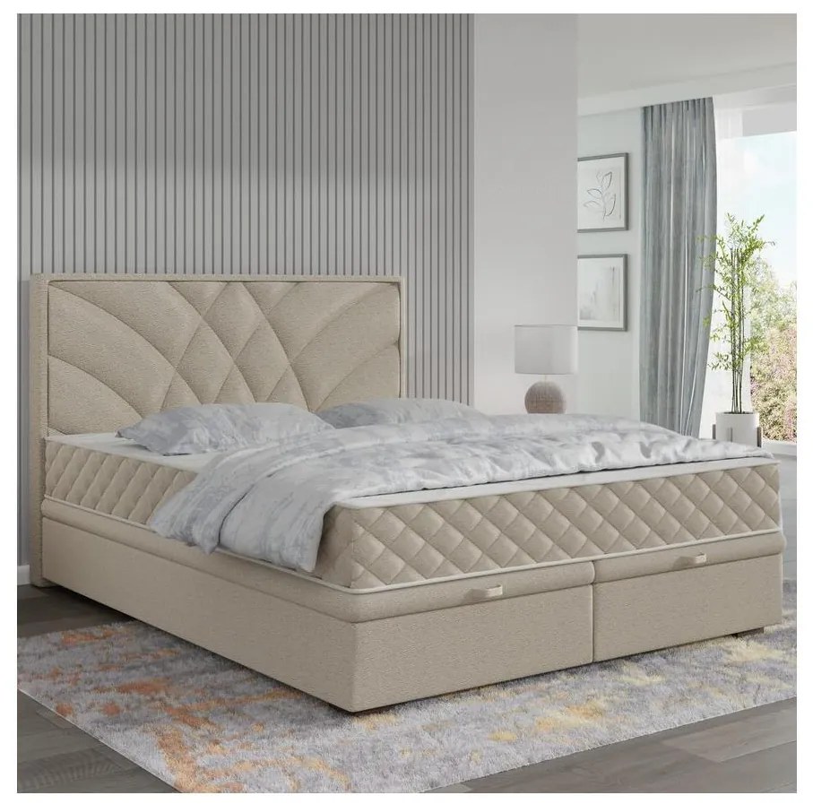 Pat tapițat GINA 160x200 cm, bej, cu saltele incluse și spațiu de depozitare