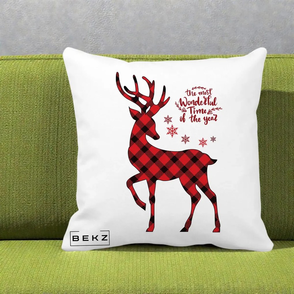 Perna Decorativa Ren Buffalo Plaid Craciun, 40x40 cm, Alba Mata, Husa Detasabila, Perna Inclusa, BEKZ®