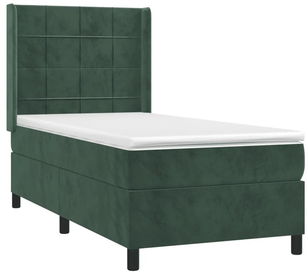 Pat box spring cu saltea, verde inchis, 90x190 cm, catifea Verde inchis, 90 x 190 cm, Cu blocuri patrate