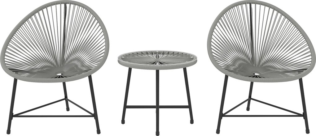 Outsunny Set mobilier de grădină 3 piese, 2 scaune din ratan plastic, 1 masă cu blat din sticlă, cadru din oțel, mobilier de exterior, Gri | Aosom Romania