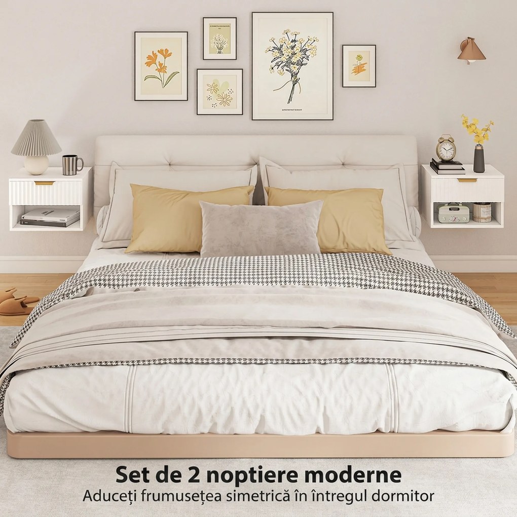 HOMCOM Set de 2 Noptiere Suspendate cu Panouri Canelate, Sertar și Raft, 40x34x29 cm, Alb | Aosom Romania