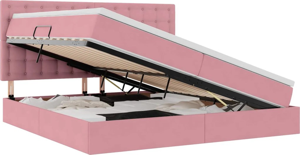 vidaXL Pat cu saltea și LED cu saltea cu led Roz 200 x 200 cm Catifea