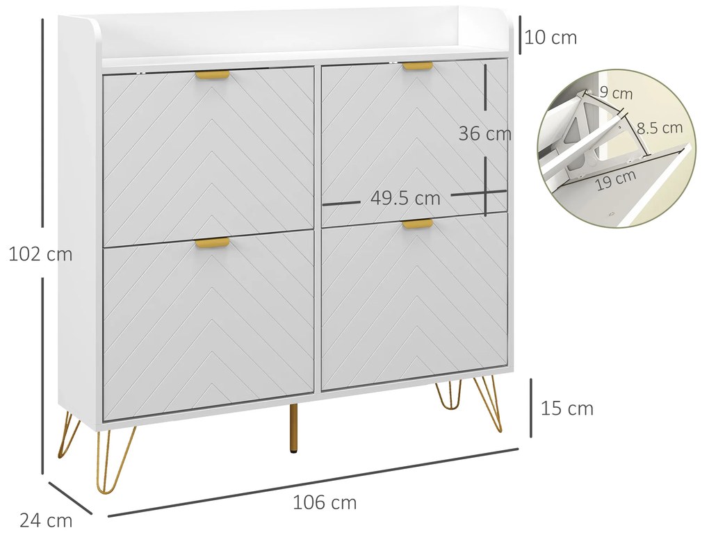 HOMCOM Dulap pentru încălțăminte 4 abtibilduri, cu raft reglabil, depozitare încălțăminte 106 x 24 x 102 cm, alb | Aosom Romania