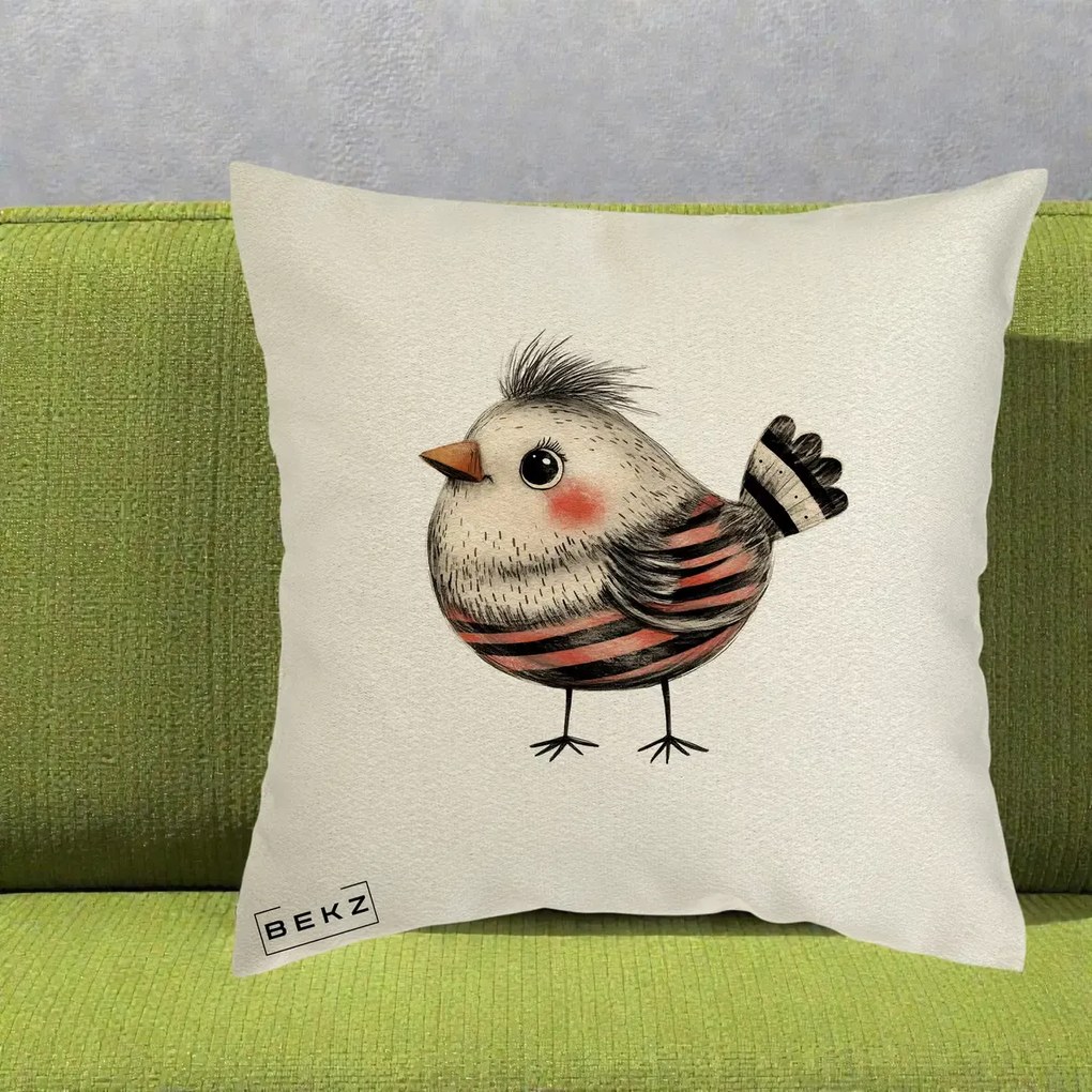 Perna Decorativa Pui Expresiv Dungi Negru-Rosu, 40x40 cm, Ecru, Husa Detasabila, Perna Inclusa, BEKZ®