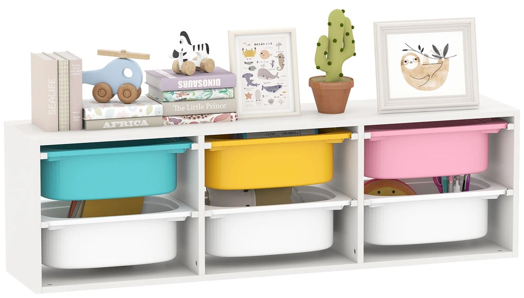 AIYAPLAY Mobilier de depozitare pentru copii cu 2 niveluri, etajeră pentru jucării cu 6 coșuri detașabile, 97x21x29cm, alb | Aosom Romania