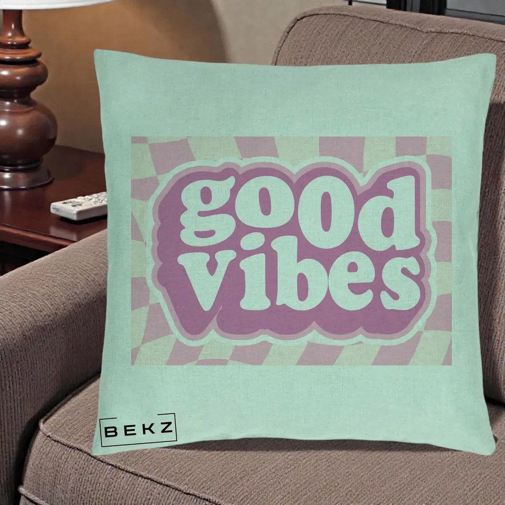 Perna Decorativa Good Vibes Retro Roz, 40x40 cm, Verde Menta, Husa Detasabila, Perna Inclusa, BEKZ®