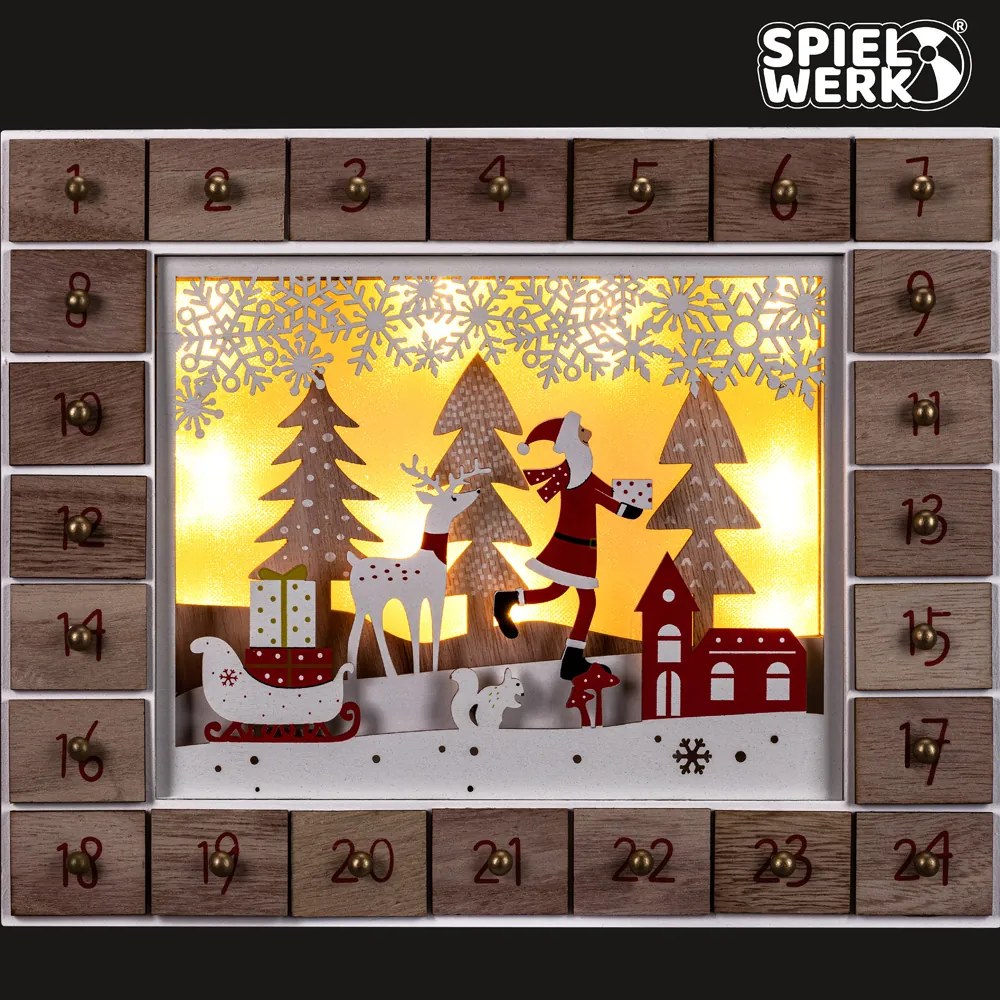 Calendar advent din lemn SANTA CLAUS cu iluminare, 35x6x27cm, alb/maro Spielwerk