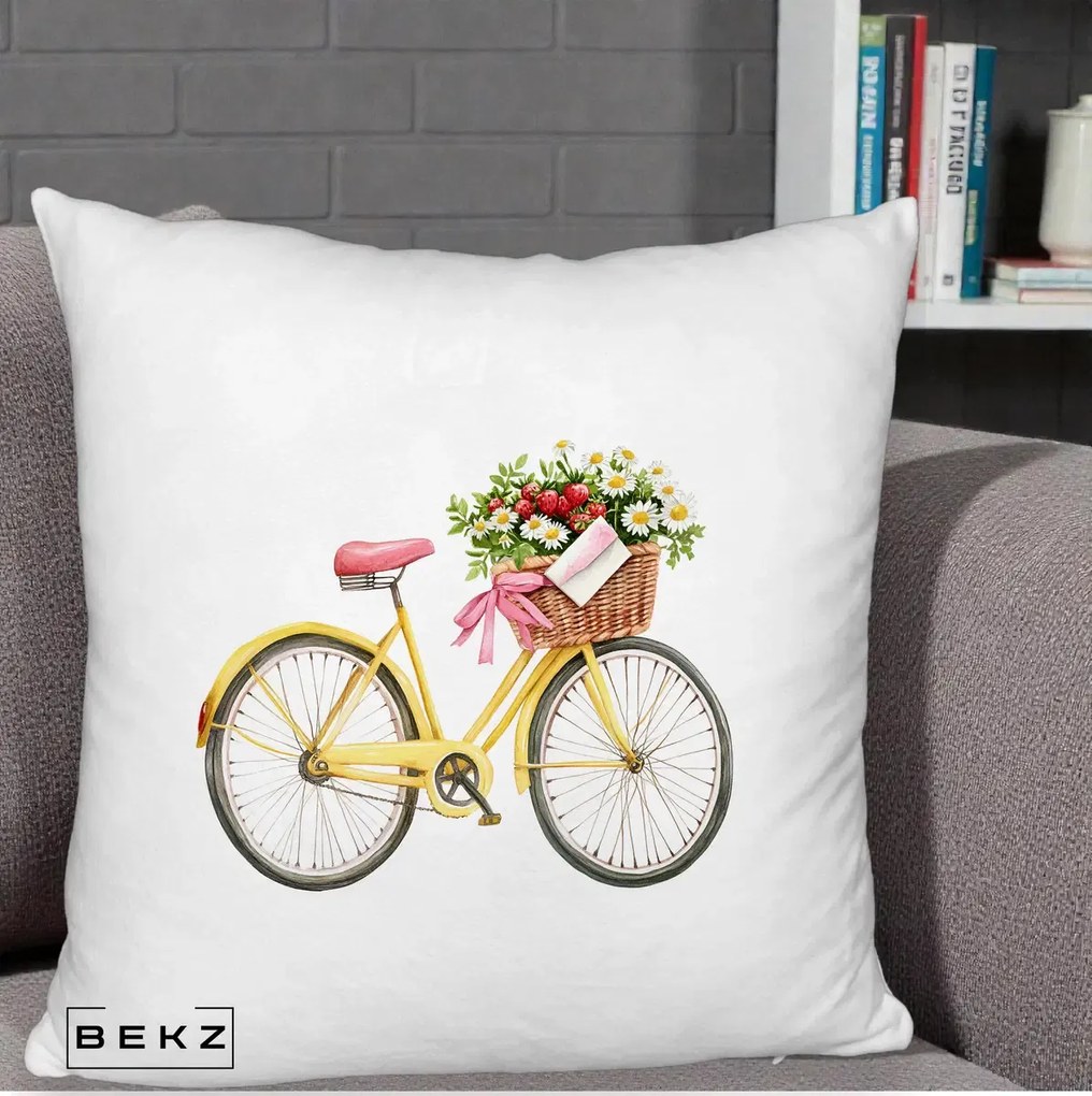 Perna Decorativa Bicicleta Galbena cu Cos de Flori Primavara, 40x40 cm, Alb Pufos, Husa Detasabila, Perna Inclusa, BEKZ®