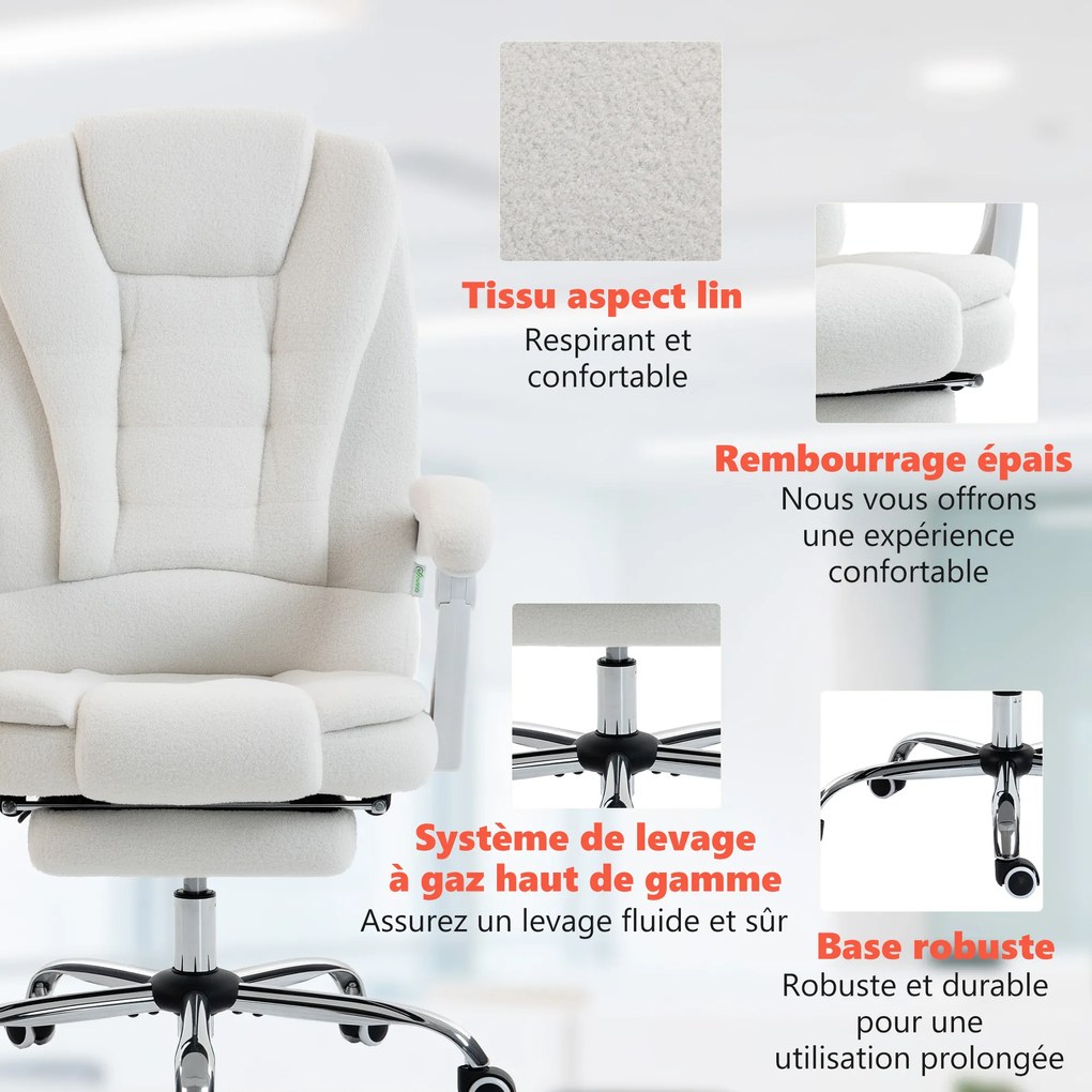 Vinsetto Fotoliu de birou executive cu masaj și încălzire înălțime reglabilă spătar înclinabil tapițerie din in alb | Aosom Romania