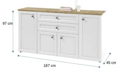 Bufet cu 4 usi si 2 sertare Toskana, Alb si Stejar Antic, 187 Cm