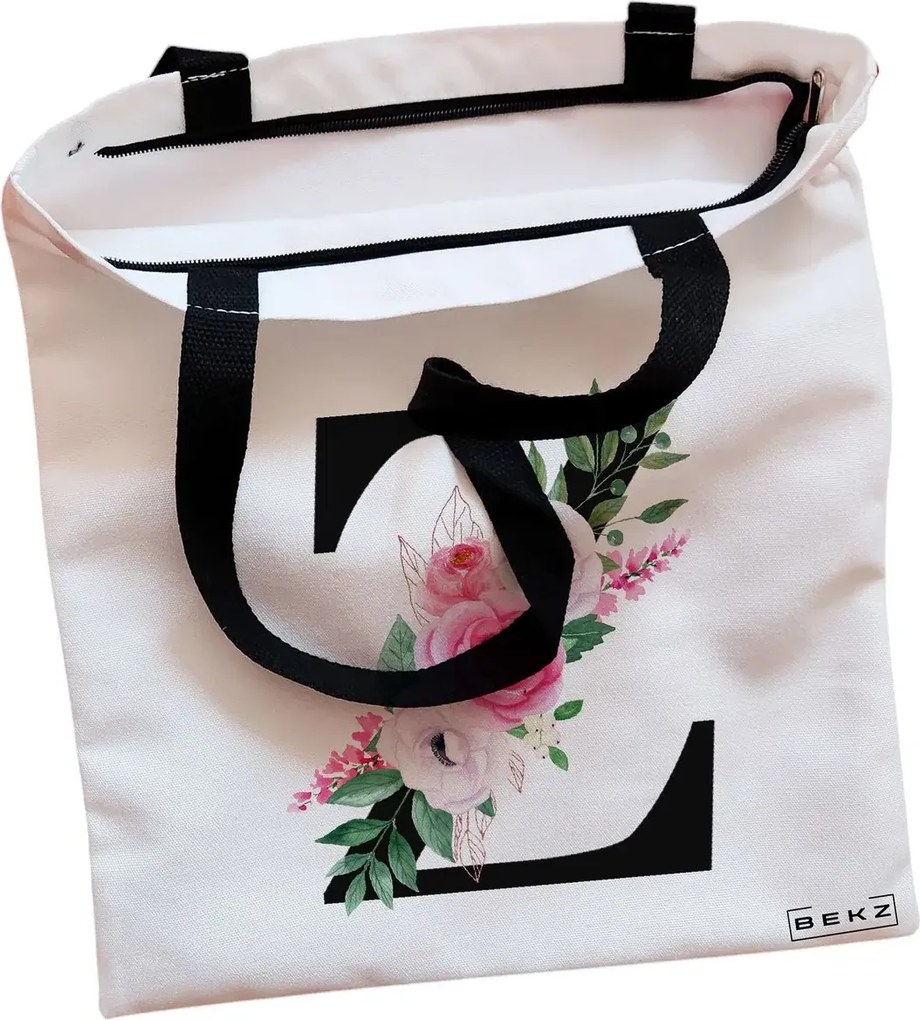 Sacosa de Panza pentru Cumparaturi, Geanta Tote, Cu litera Z si Trandafiri, Cu fermoar, 38x34.5 cm, Alba, BEKZ®