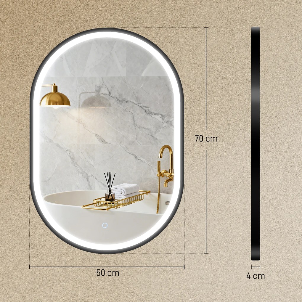 HOMCOM Oglindă baie iluminare LED 50x70cm, oglindă iluminată de perete cu comutator tactil, lumină 3 culori | Aosom Romania