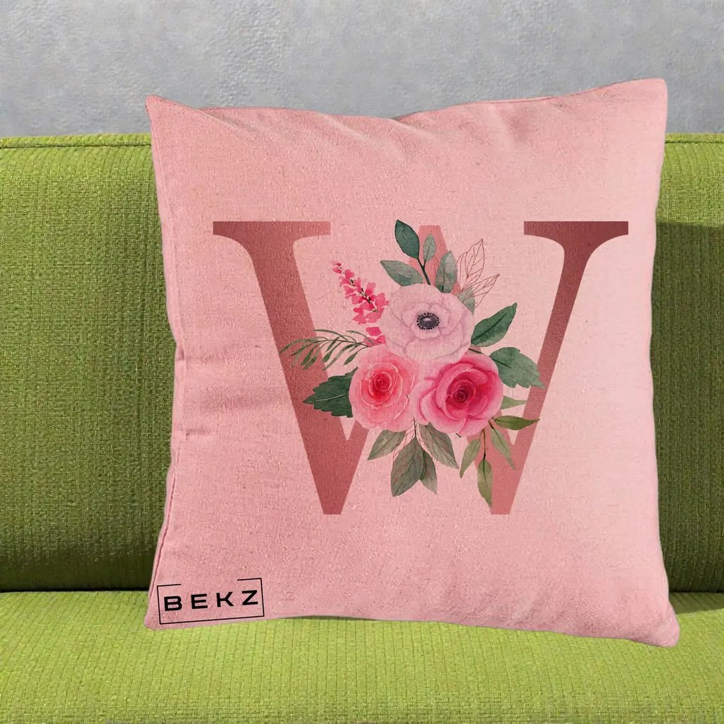 Cadou Personalizat - Perna Personalizata Monograma Rose Gold Litera W cu Trandafiri si Anemona, 40x40 cm, Roz, Husa Detasabila, Perna Inclusa, BEKZ®