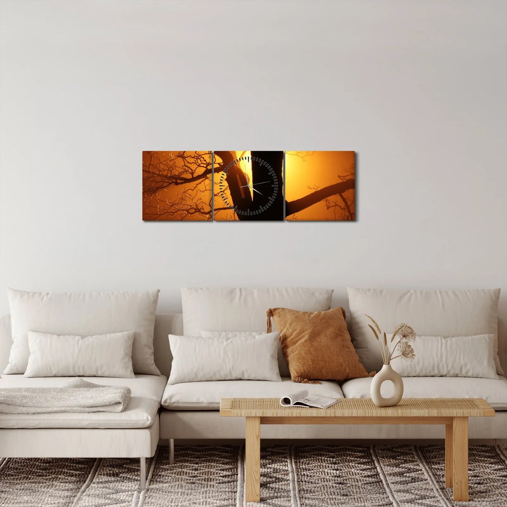 Tablou cu copac în apus de soare (cu ceas) (90x30 cm)