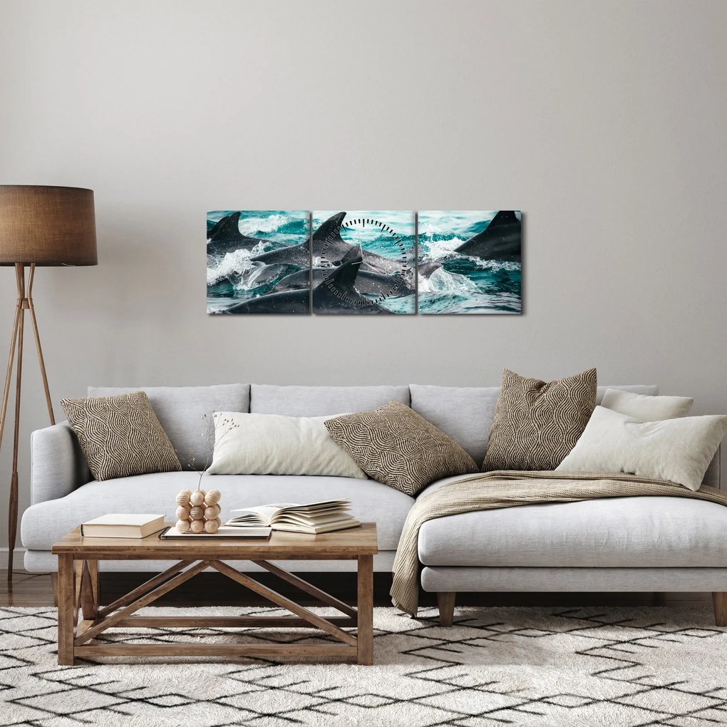 Tablou - Delfini în ocean (cu ceas) (90x30 cm)