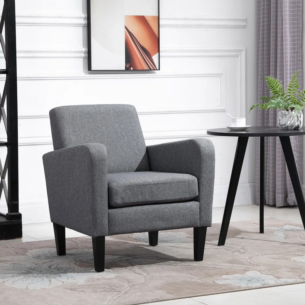 HOMCOM Fotoliu de o persoana, Fotoliu de relaxare, Fotoliu capitonat cu picioare din lemn, Material textil aspect de in, 66 x 72 x 74 cm, Gri deschis | Aosom Romania